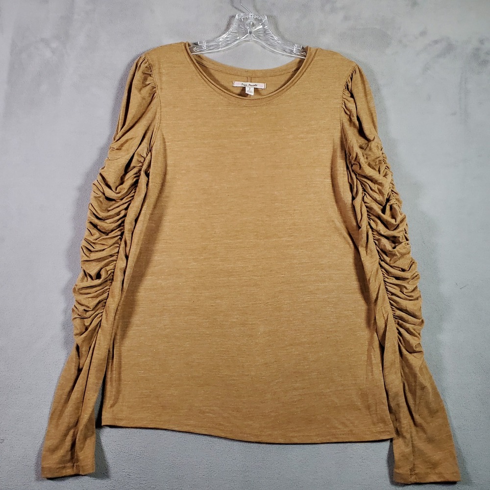 Free People Natasha Top Womens S Brown Ruched Long Sleeve Tee Boho Earthy Indie
